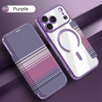 For iPhone 17 Pro Max Color-plaid Shield Magnetic RFID Vegan Leather Phone Case - Purple - EDA009873701G