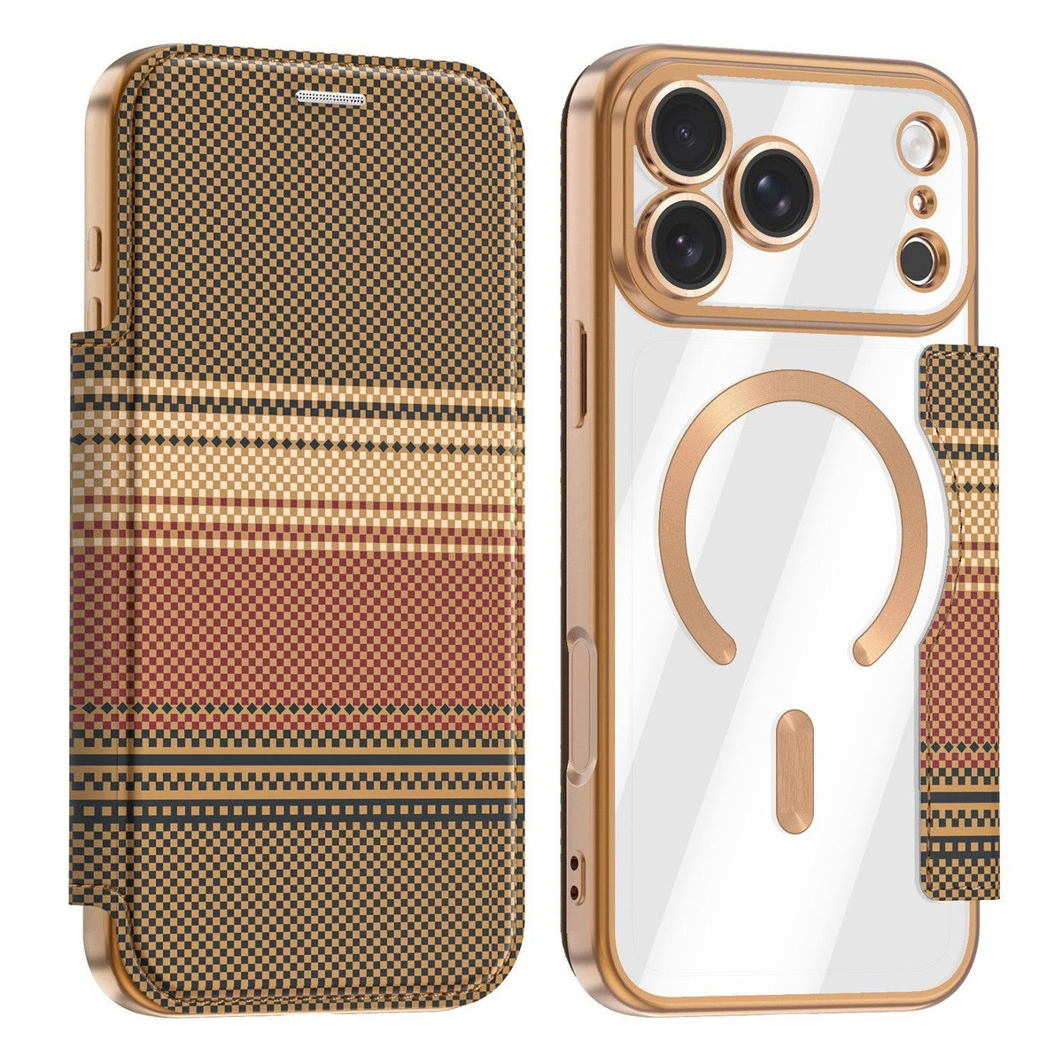 For iPhone 17 Pro Max Color-plaid Shield Magnetic RFID Vegan Leather Phone Case - Brown - EDA009873701H