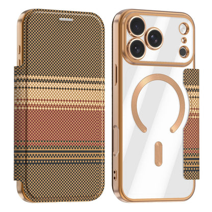 For iPhone 17 Pro Max Color-plaid Shield Magnetic RFID Vegan Leather Phone Case - Brown - EDA009873701H
