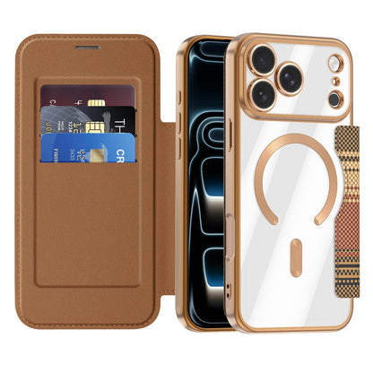 For iPhone 17 Pro Max Color-plaid Shield Magnetic RFID Vegan Leather Phone Case - Brown - EDA009873701H