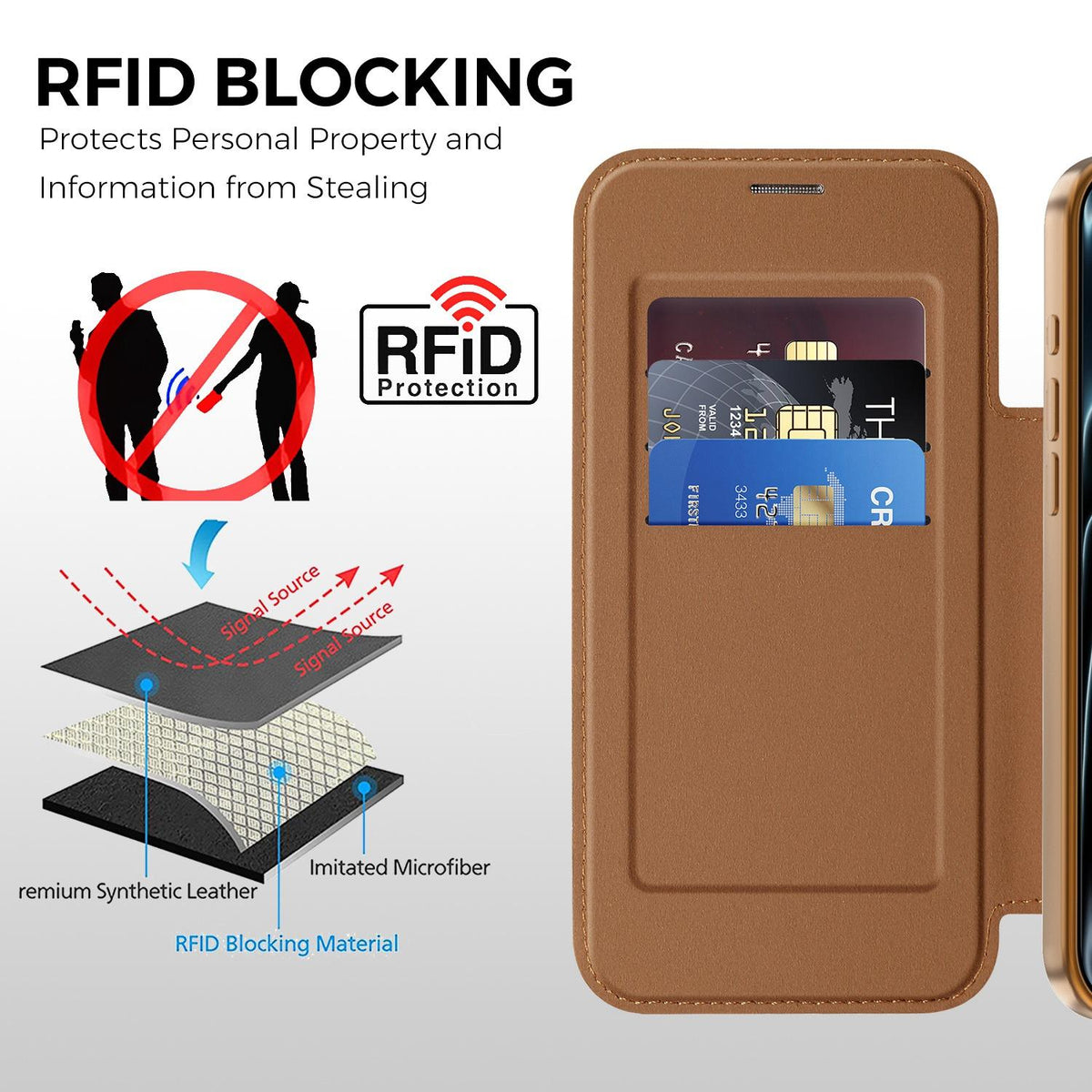 For iPhone 17 Pro Max Color-plaid Shield Magnetic RFID Vegan Leather Phone Case - Brown - EDA009873701H