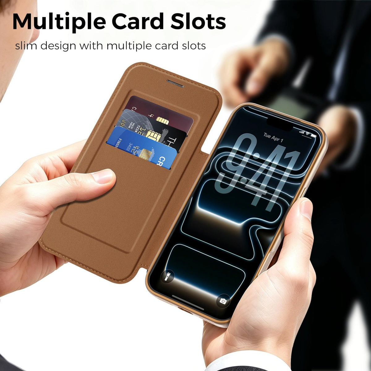 For iPhone 17 Pro Max Color-plaid Shield Magnetic RFID Vegan Leather Phone Case - Brown - EDA009873701H