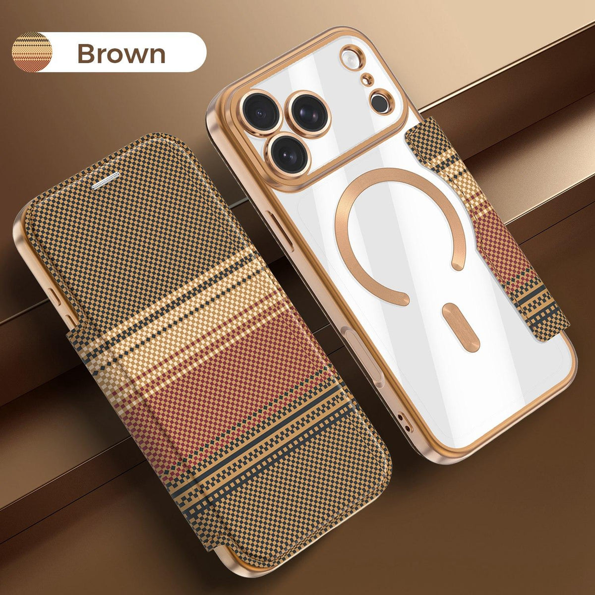 For iPhone 17 Pro Max Color-plaid Shield Magnetic RFID Vegan Leather Phone Case - Brown - EDA009873701H