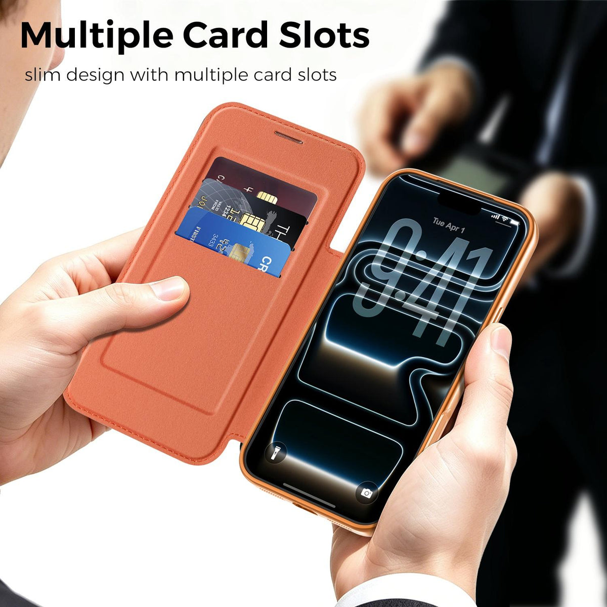 For iPhone 17 Pro Color-plaid Shield Magnetic RFID Vegan Leather Phone Case - Orange - EDA009873702A