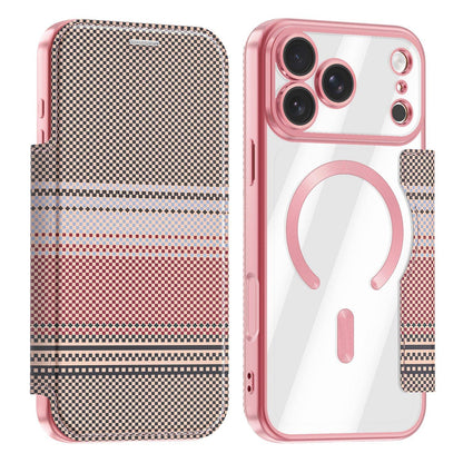 For iPhone 17 Pro Color-plaid Shield Magnetic RFID Vegan Leather Phone Case - Pink - EDA009873702B