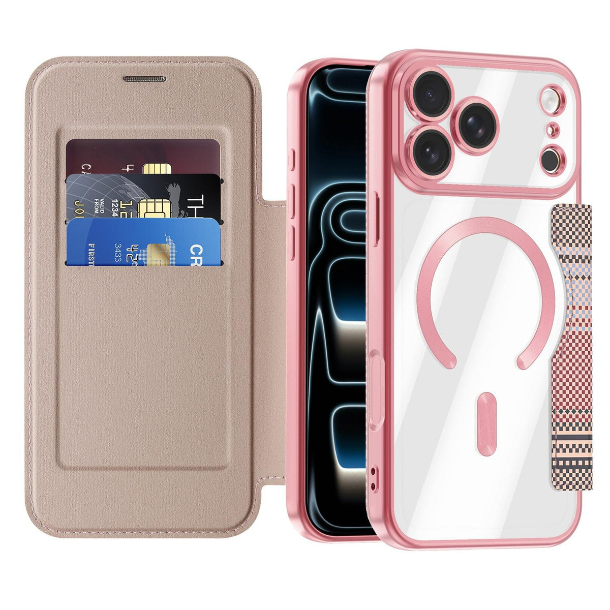For iPhone 17 Pro Color-plaid Shield Magnetic RFID Vegan Leather Phone Case - Pink - EDA009873702B