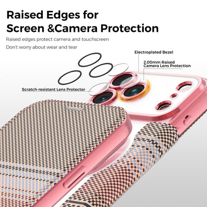 For iPhone 17 Pro Color-plaid Shield Magnetic RFID Vegan Leather Phone Case - Pink - EDA009873702B