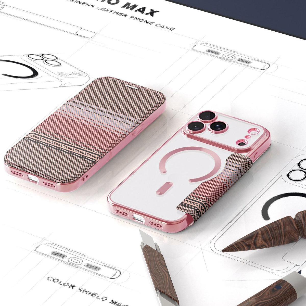 For iPhone 17 Pro Color-plaid Shield Magnetic RFID Vegan Leather Phone Case - Pink - EDA009873702B