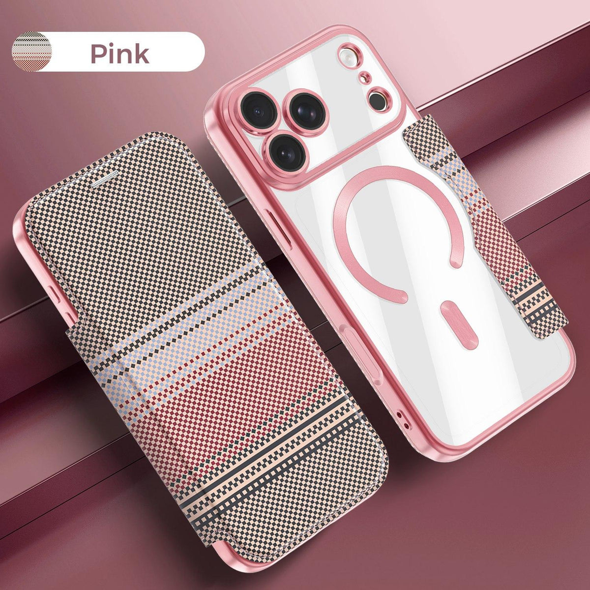 For iPhone 17 Pro Color-plaid Shield Magnetic RFID Vegan Leather Phone Case - Pink - EDA009873702B