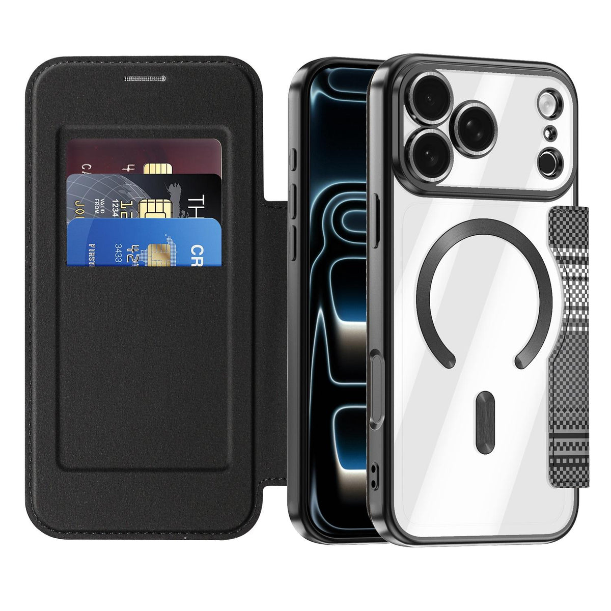 For iPhone 17 Pro Color-plaid Shield Magnetic RFID Vegan Leather Phone Case - Black - EDA009873702C