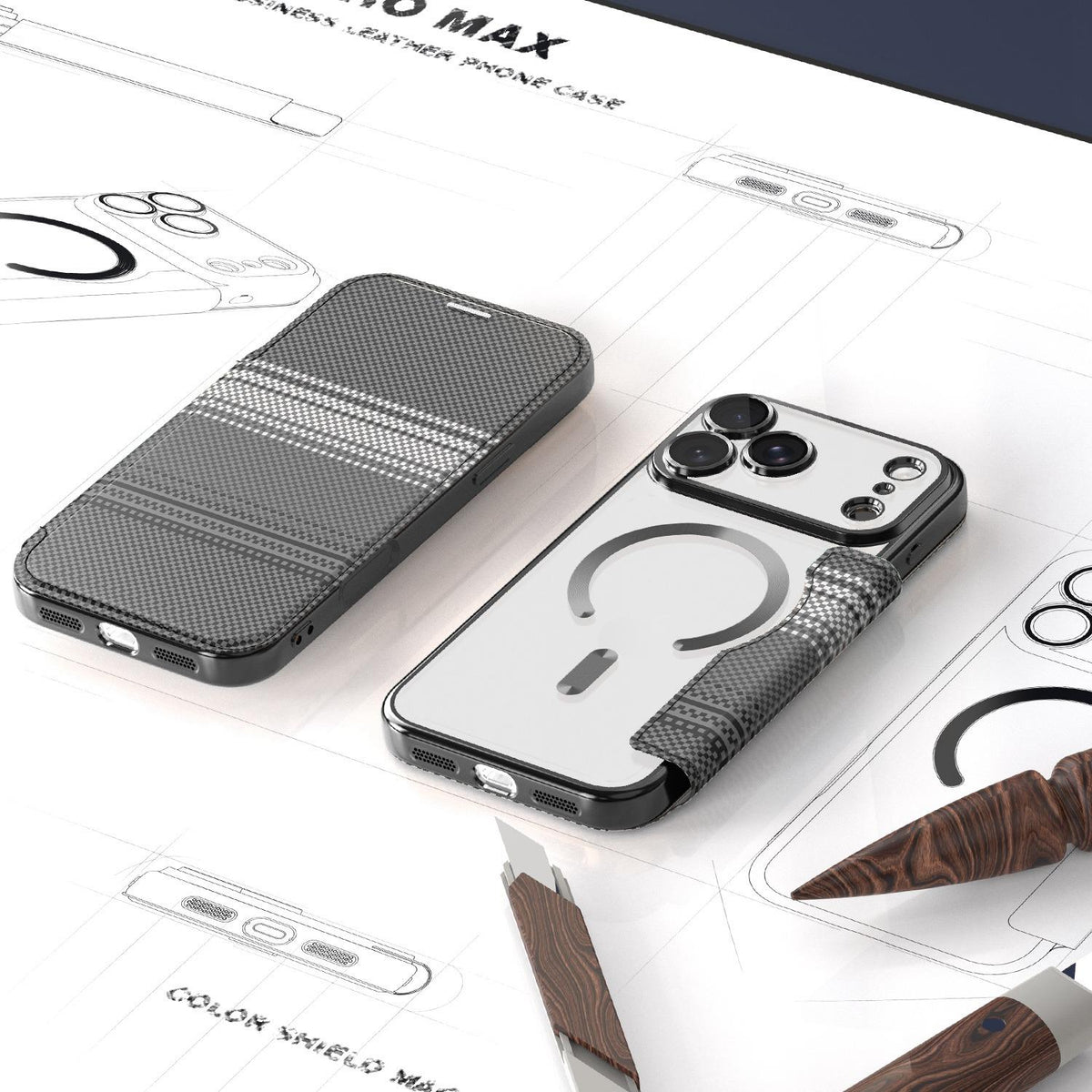 For iPhone 17 Pro Color-plaid Shield Magnetic RFID Vegan Leather Phone Case - Black - EDA009873702C