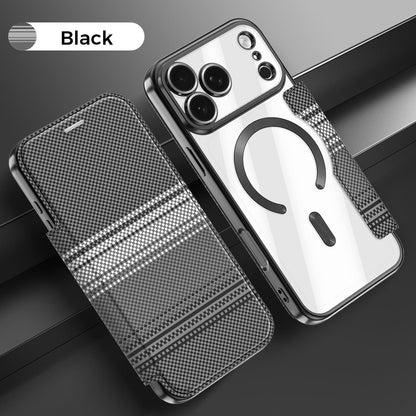 For iPhone 17 Pro Color-plaid Shield Magnetic RFID Vegan Leather Phone Case - Black - EDA009873702C