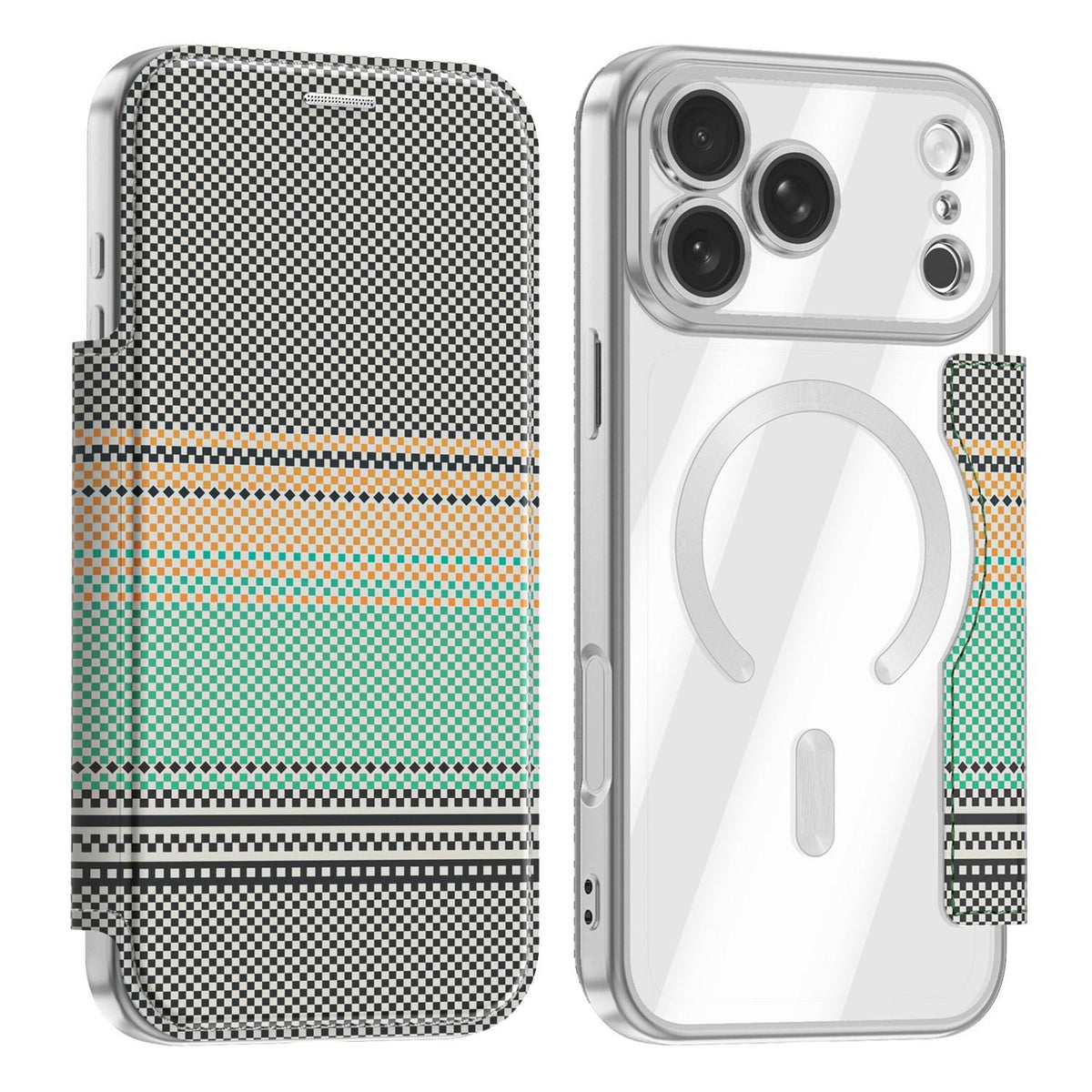 For iPhone 17 Pro Color-plaid Shield Magnetic RFID Vegan Leather Phone Case - Grey - EDA009873702D