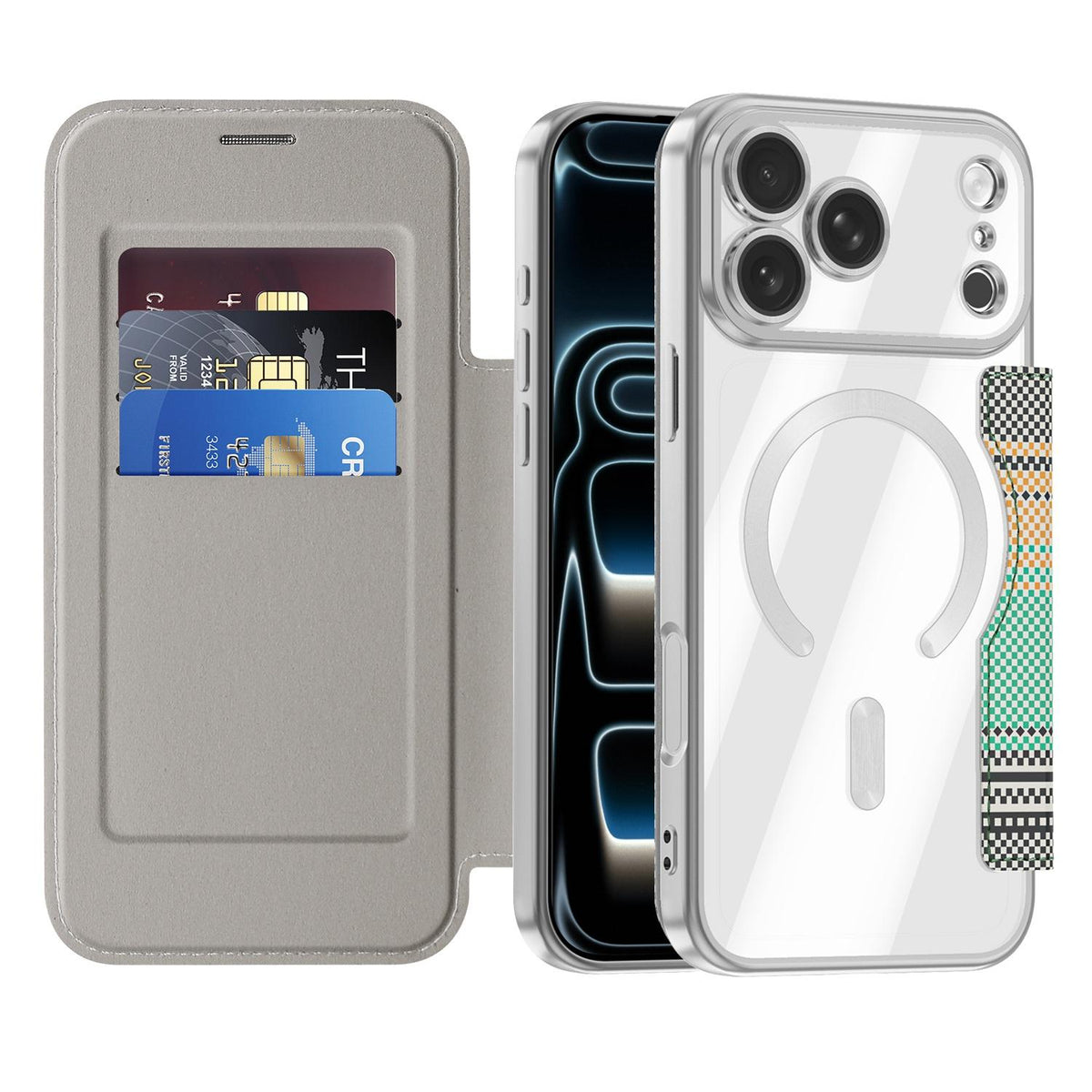 For iPhone 17 Pro Color-plaid Shield Magnetic RFID Vegan Leather Phone Case - Grey - EDA009873702D