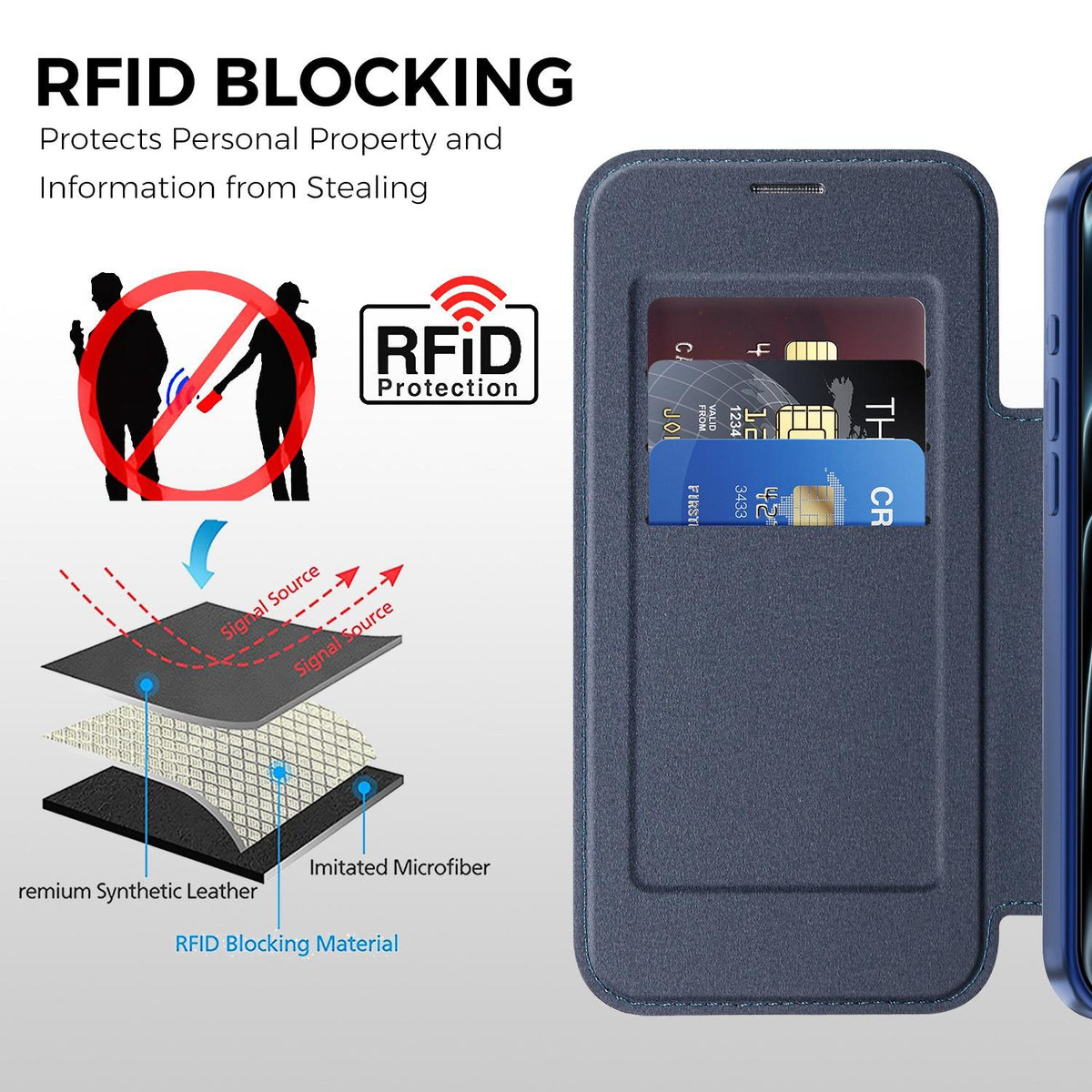 For iPhone 17 Pro Color-plaid Shield Magnetic RFID Vegan Leather Phone Case - Blue - EDA009873702E
