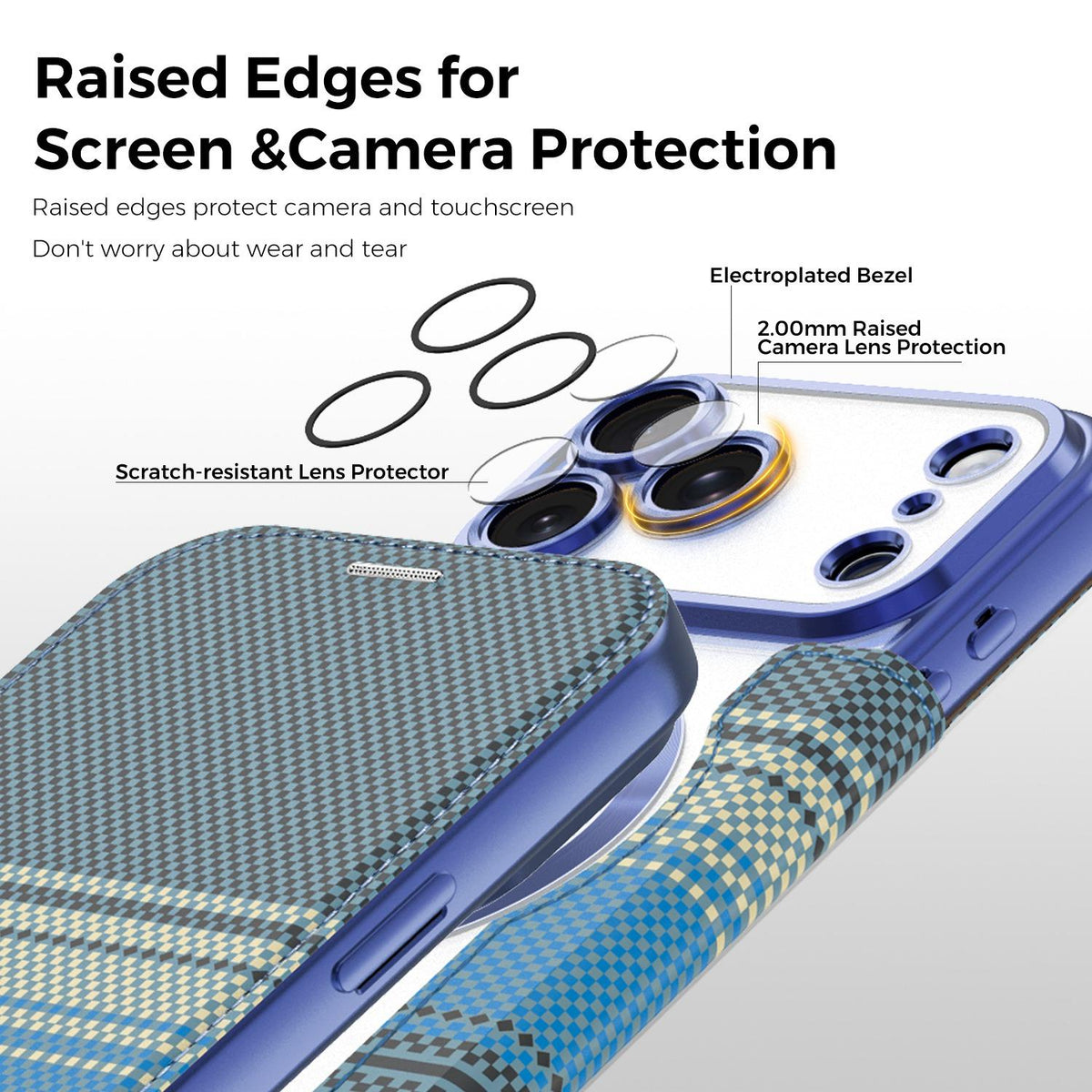 For iPhone 17 Pro Color-plaid Shield Magnetic RFID Vegan Leather Phone Case - Blue - EDA009873702E