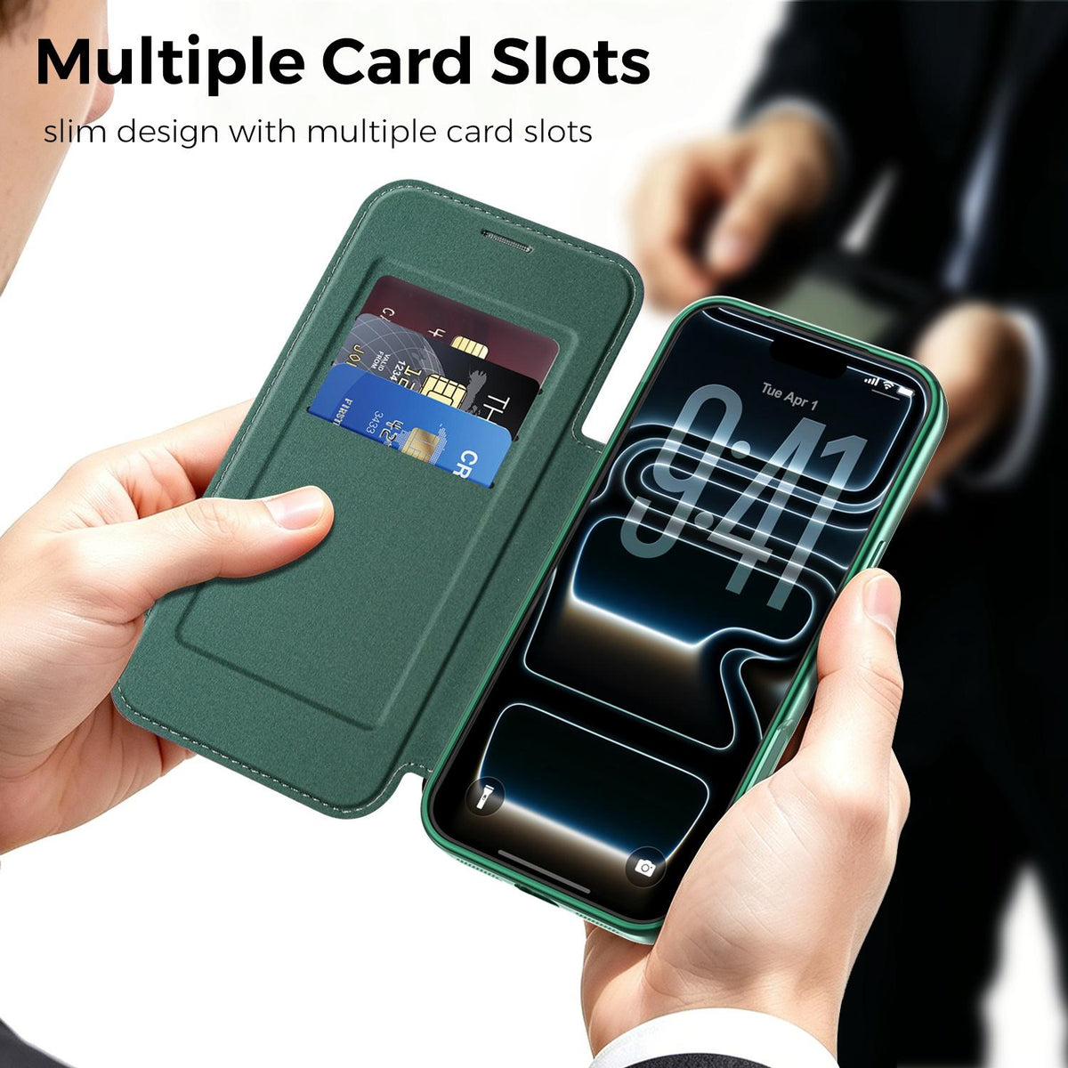For iPhone 17 Pro Color-plaid Shield Magnetic RFID Vegan Leather Phone Case - Green - EDA009873702F