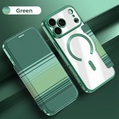 For iPhone 17 Pro Color-plaid Shield Magnetic RFID Vegan Leather Phone Case - Green - EDA009873702F