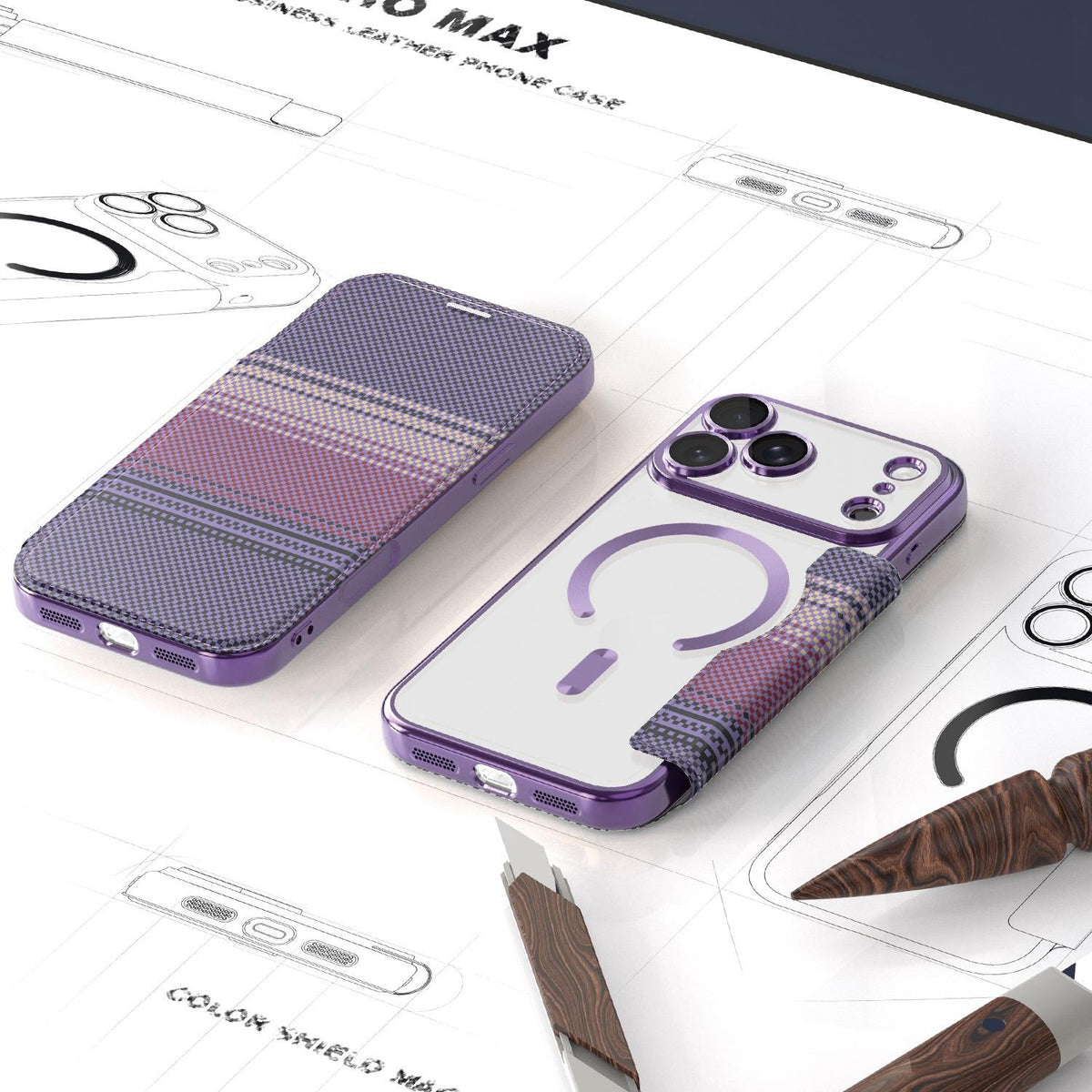 For iPhone 17 Pro Color-plaid Shield Magnetic RFID Vegan Leather Phone Case - Purple - EDA009873702G