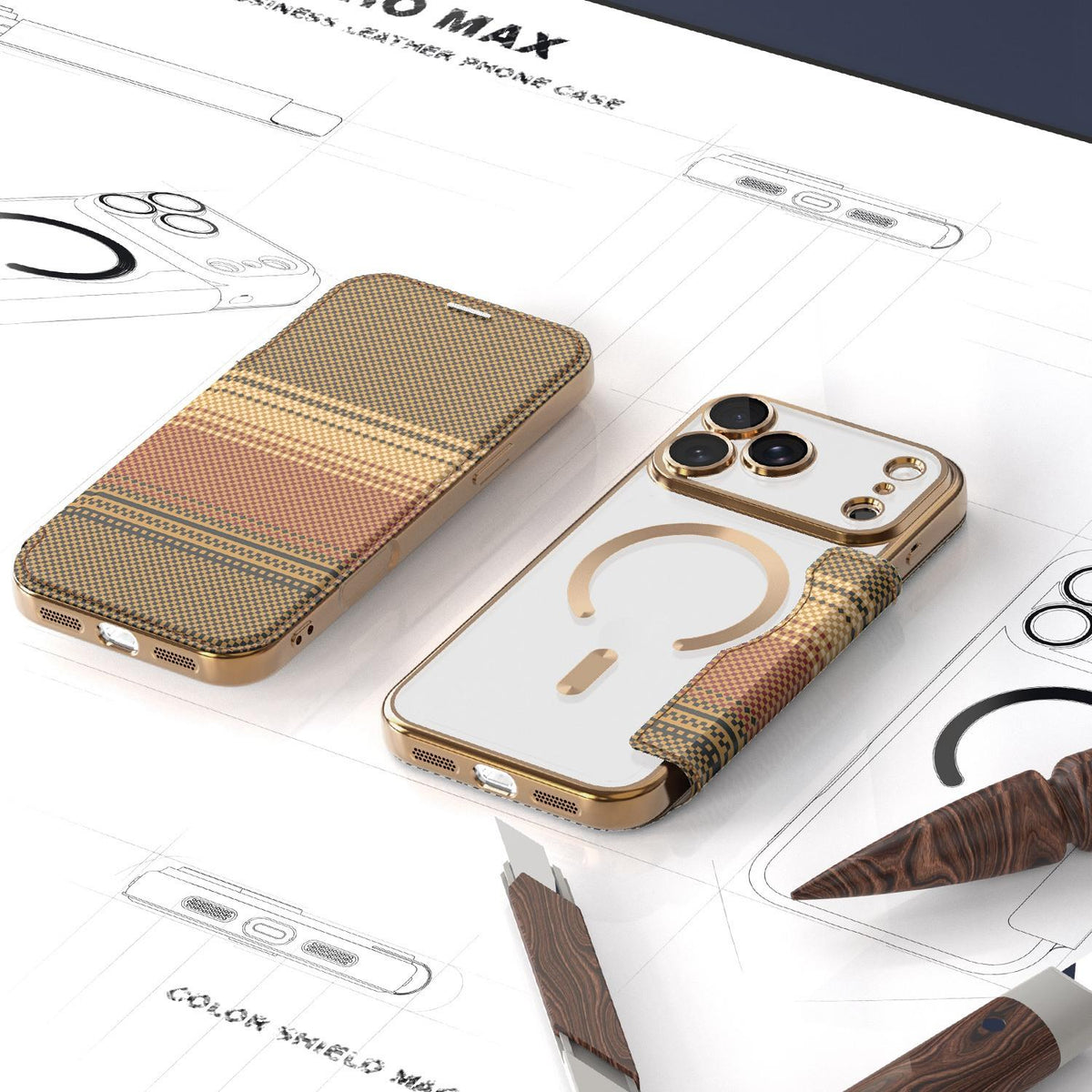 For iPhone 17 Pro Color-plaid Shield Magnetic RFID Vegan Leather Phone Case - Brown - EDA009873702H