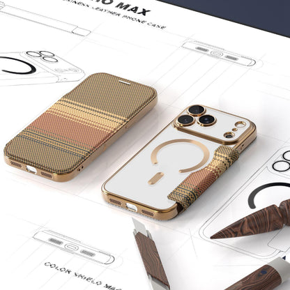 For iPhone 17 Pro Color-plaid Shield Magnetic RFID Vegan Leather Phone Case - Brown - EDA009873702H