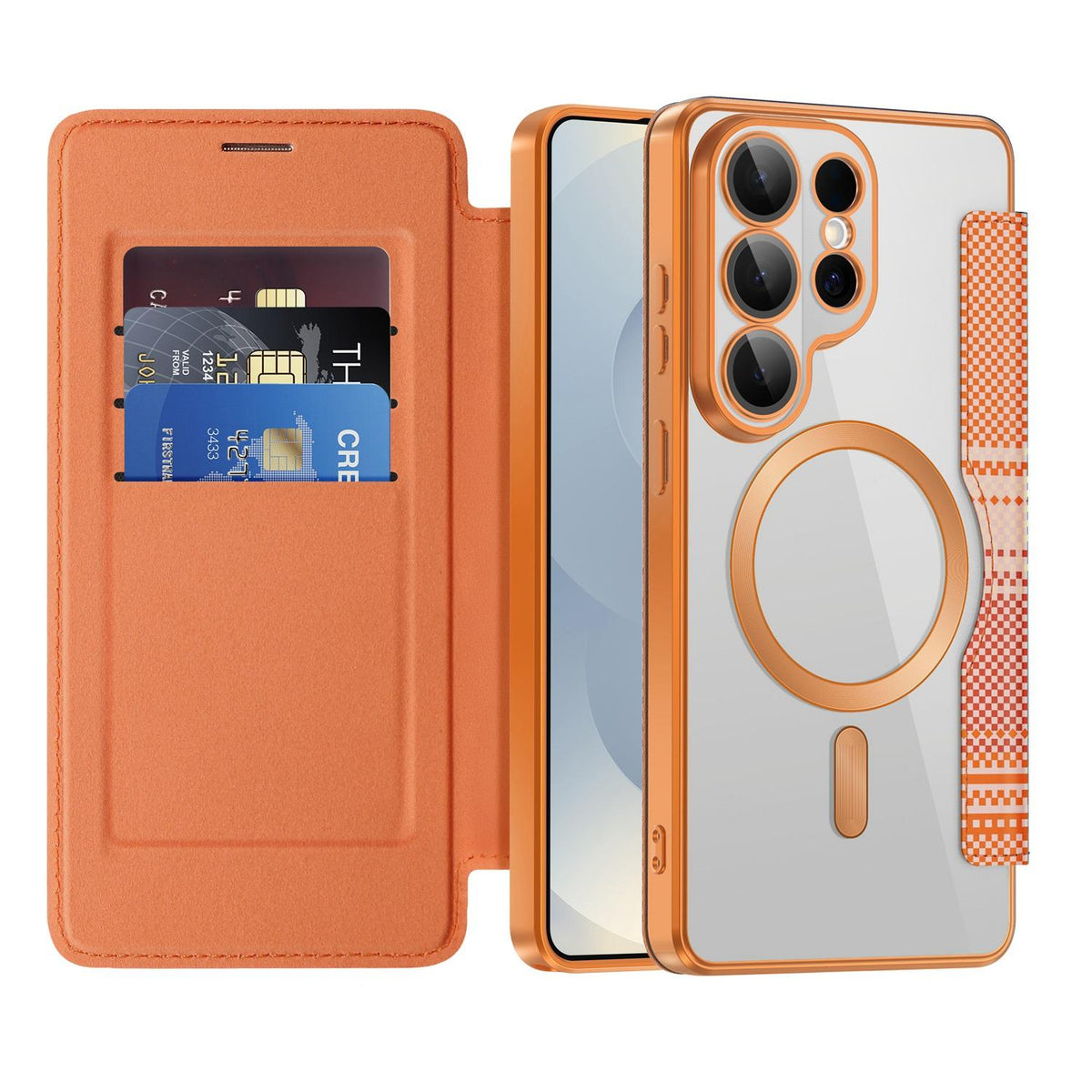 For Galaxy S26 Ultra 5G Color-plaid Shield Magnetic RFID Vegan Leather Phone Case - Orange - EDA009874703A