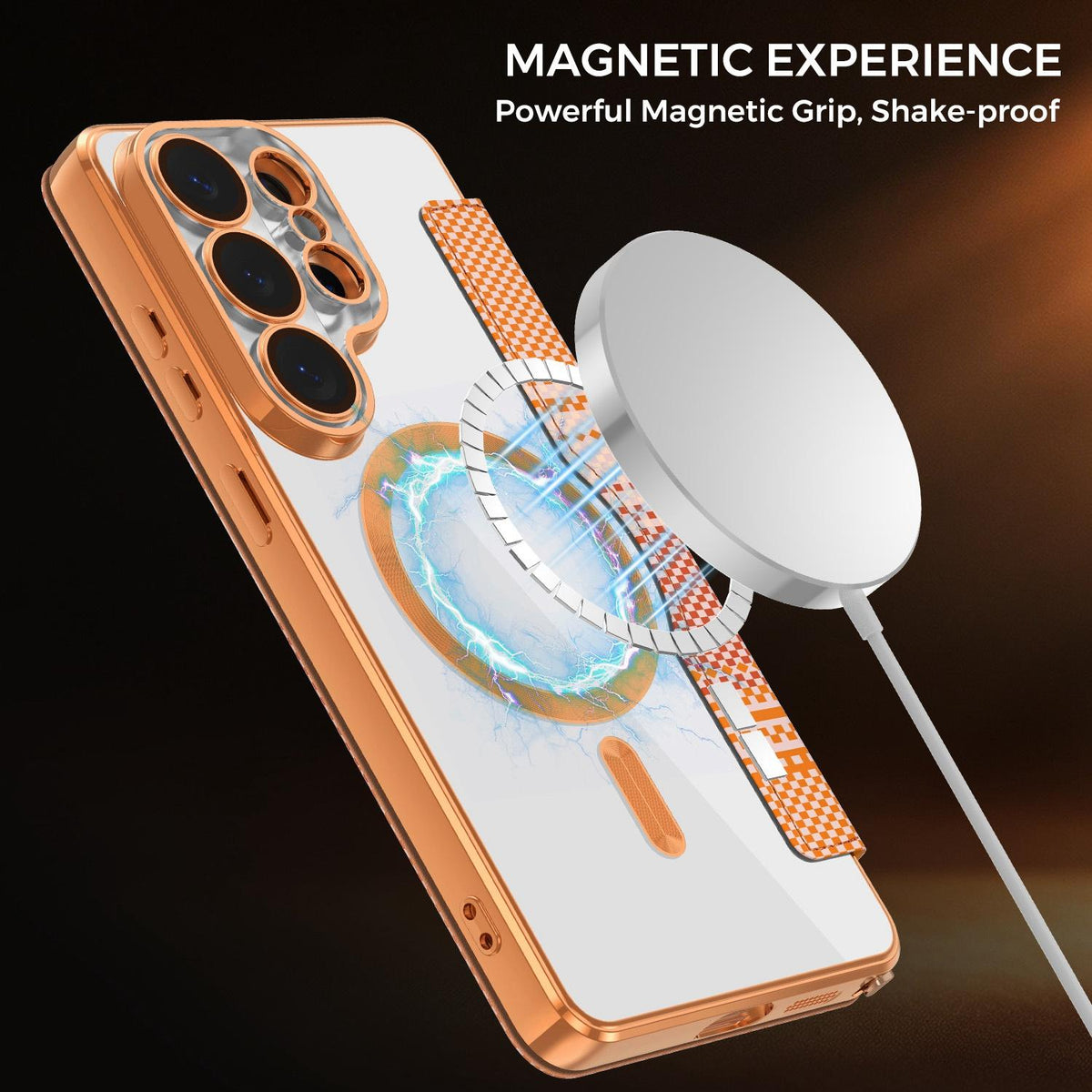 For Galaxy S26 Ultra 5G Color-plaid Shield Magnetic RFID Vegan Leather Phone Case - Orange - EDA009874703A