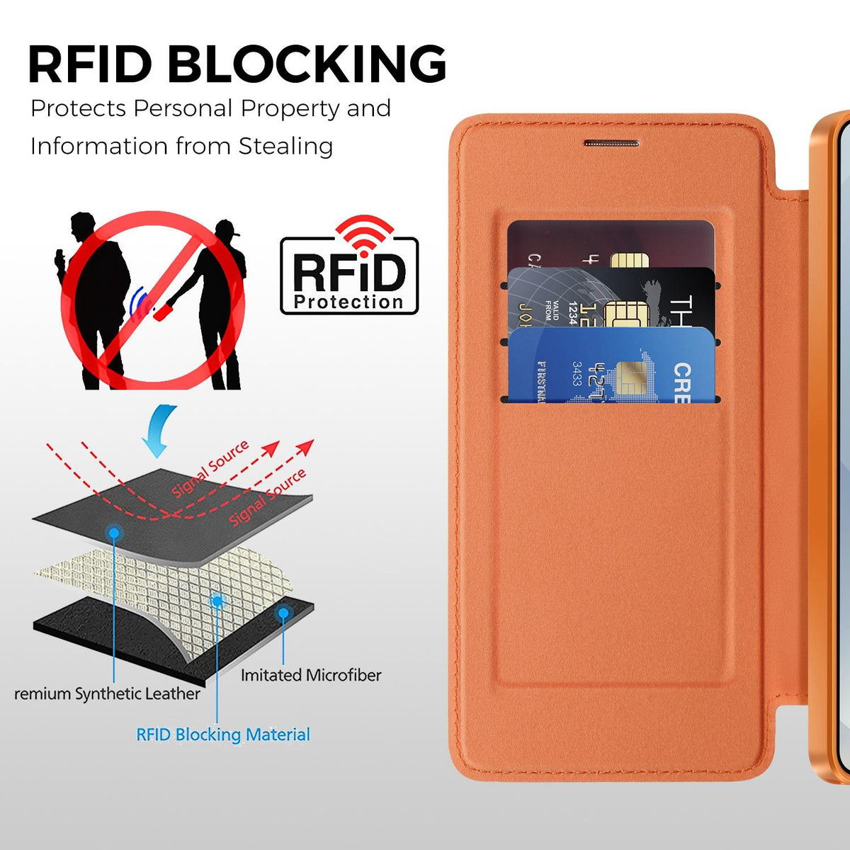 For Galaxy S26 Ultra 5G Color-plaid Shield Magnetic RFID Vegan Leather Phone Case - Orange - EDA009874703A