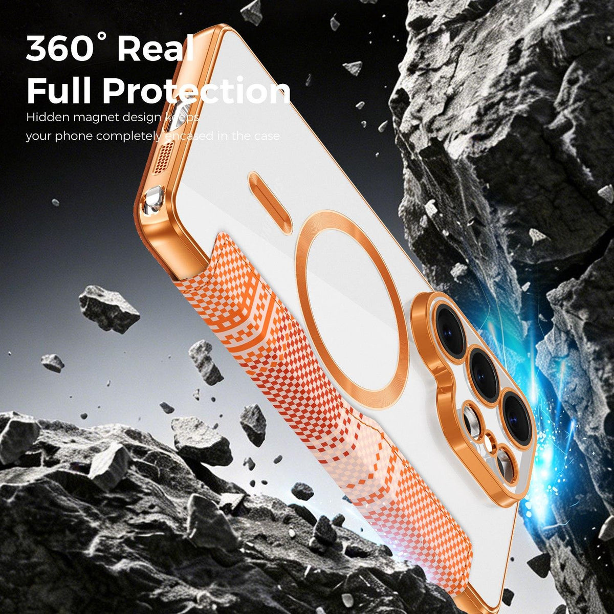 For Galaxy S26 Ultra 5G Color-plaid Shield Magnetic RFID Vegan Leather Phone Case - Orange - EDA009874703A