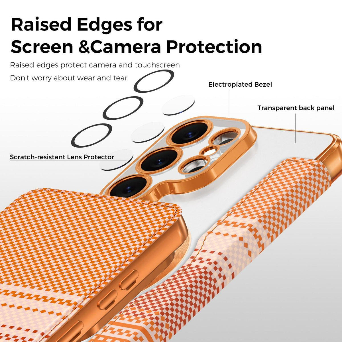 For Galaxy S26 Ultra 5G Color-plaid Shield Magnetic RFID Vegan Leather Phone Case - Orange - EDA009874703A