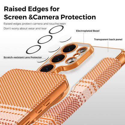 For Galaxy S26 Ultra 5G Color-plaid Shield Magnetic RFID Vegan Leather Phone Case - Orange - EDA009874703A