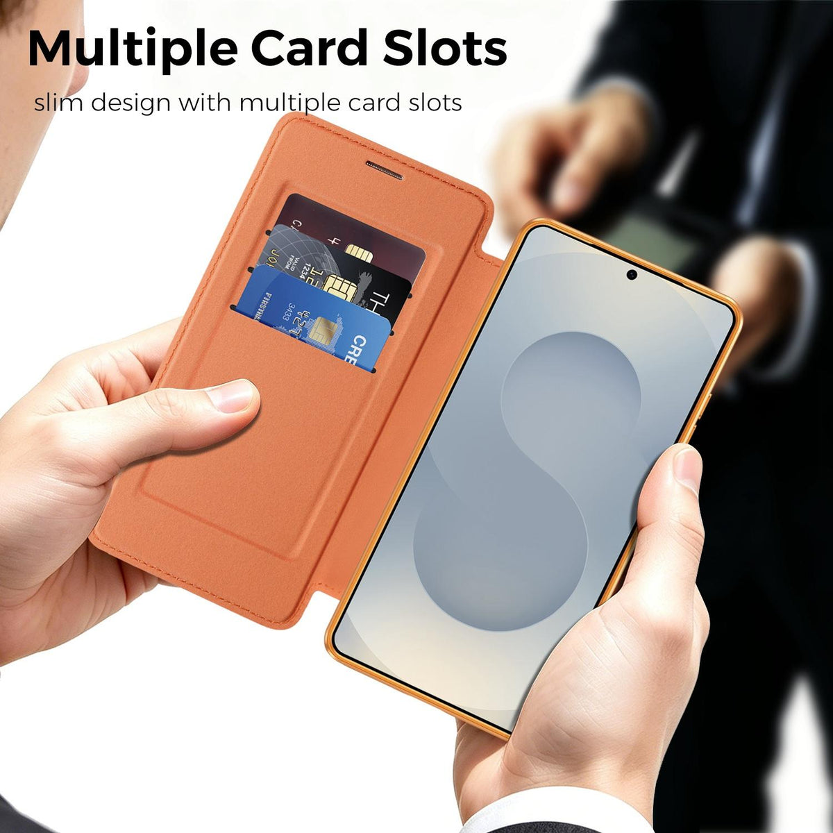 For Galaxy S26 Ultra 5G Color-plaid Shield Magnetic RFID Vegan Leather Phone Case - Orange - EDA009874703A