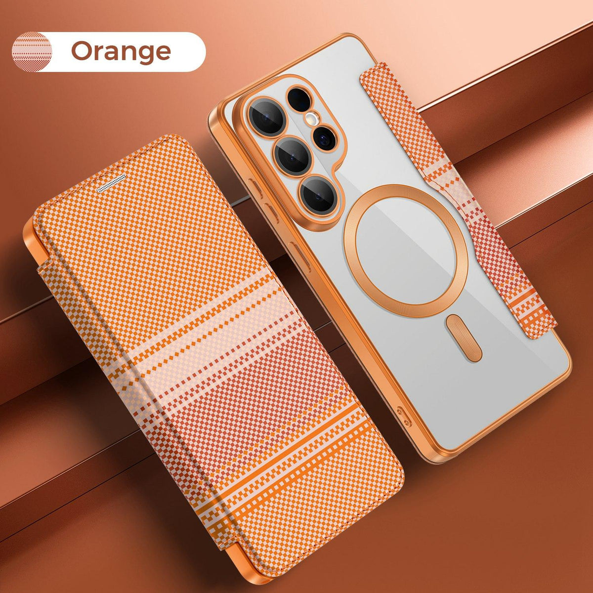 For Galaxy S26 Ultra 5G Color-plaid Shield Magnetic RFID Vegan Leather Phone Case - Orange - EDA009874703A