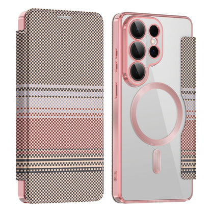 For Galaxy S26 Ultra 5G Color-plaid Shield Magnetic RFID Vegan Leather Phone Case - Pink - EDA009874703B