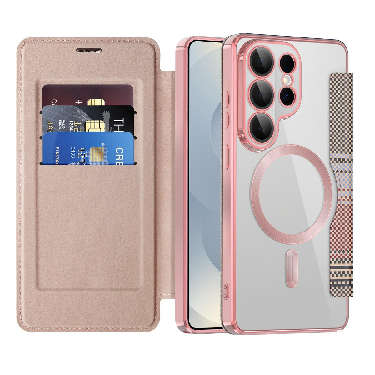 For Galaxy S26 Ultra 5G Color-plaid Shield Magnetic RFID Vegan Leather Phone Case - Pink - EDA009874703B