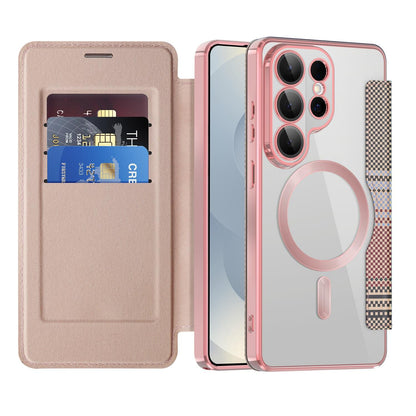 For Galaxy S26 Ultra 5G Color-plaid Shield Magnetic RFID Vegan Leather Phone Case - Pink - EDA009874703B
