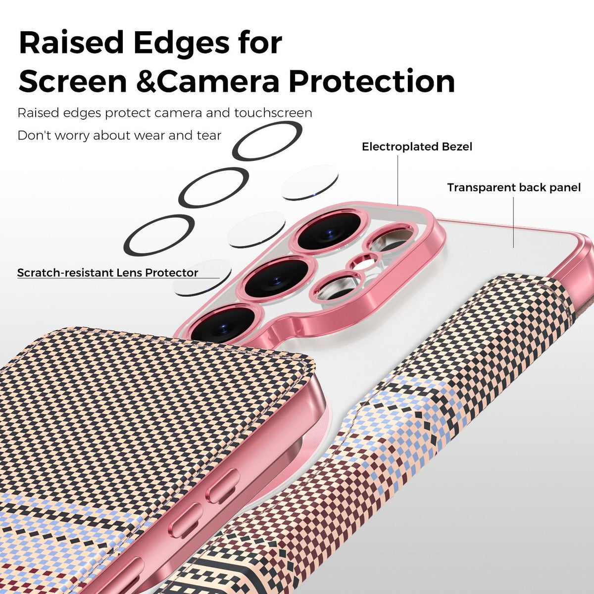 For Galaxy S26 Ultra 5G Color-plaid Shield Magnetic RFID Vegan Leather Phone Case - Pink - EDA009874703B