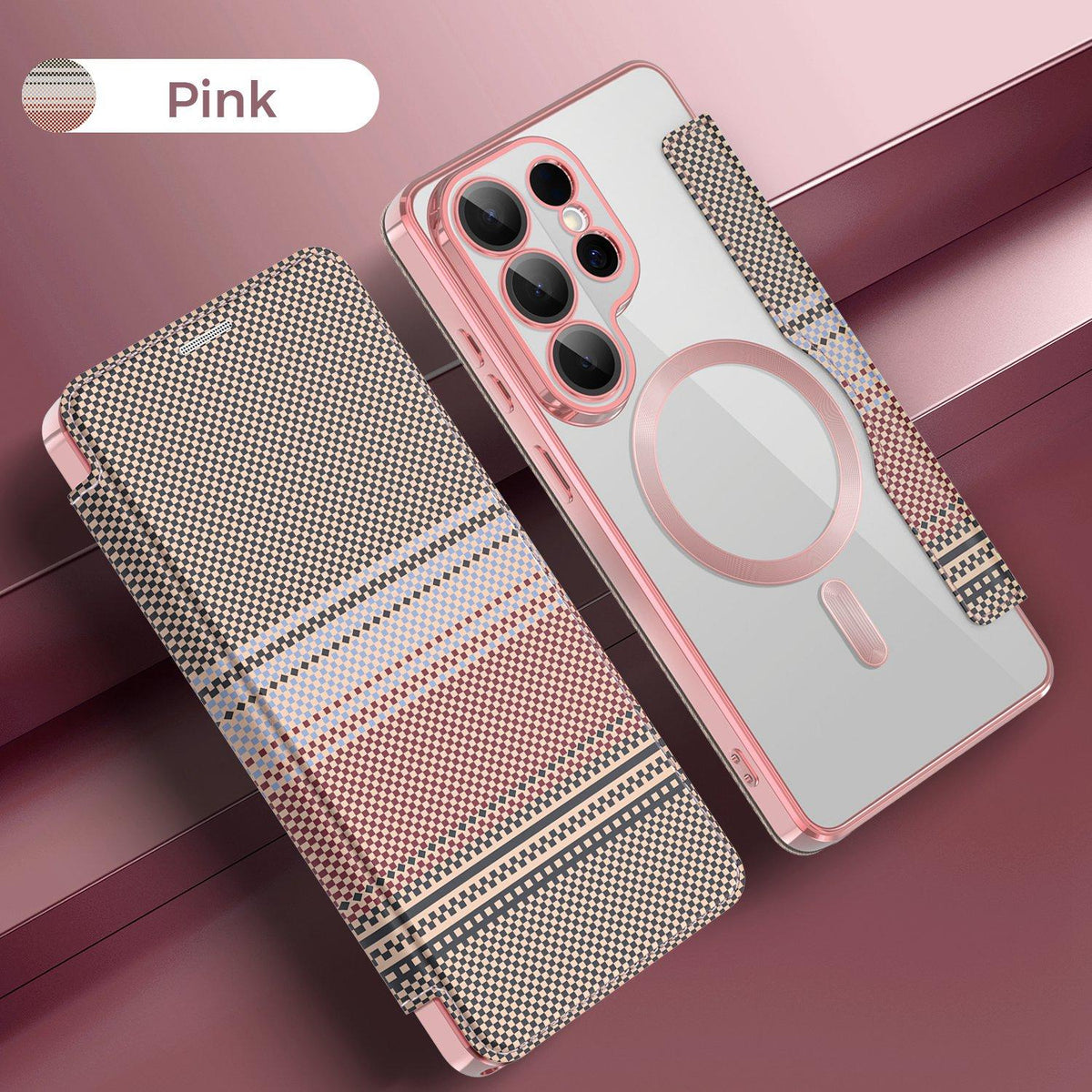 For Galaxy S26 Ultra 5G Color-plaid Shield Magnetic RFID Vegan Leather Phone Case - Pink - EDA009874703B