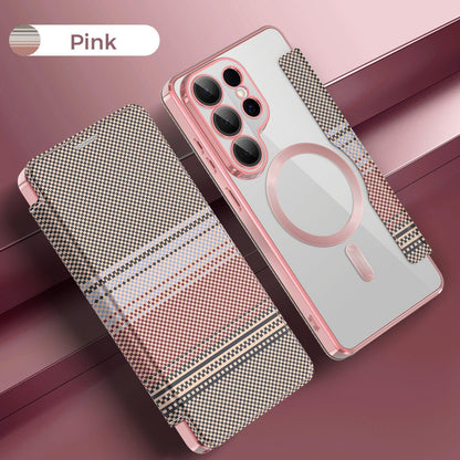 For Galaxy S26 Ultra 5G Color-plaid Shield Magnetic RFID Vegan Leather Phone Case - Pink - EDA009874703B
