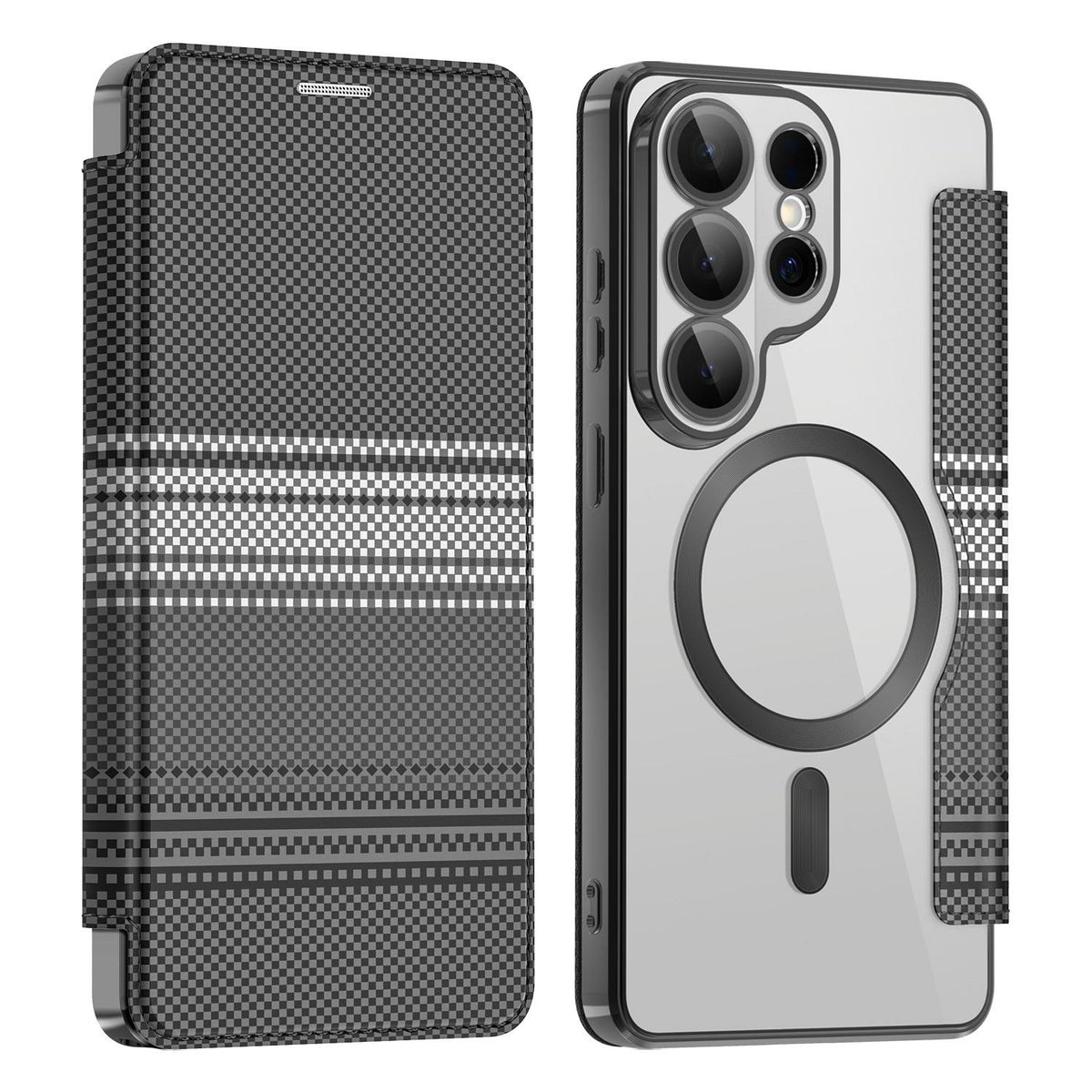 For Galaxy S26 Ultra 5G Color-plaid Shield Magnetic RFID Vegan Leather Phone Case - Black - EDA009874703C