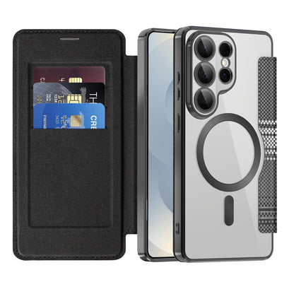 For Galaxy S26 Ultra 5G Color-plaid Shield Magnetic RFID Vegan Leather Phone Case - Black - EDA009874703C