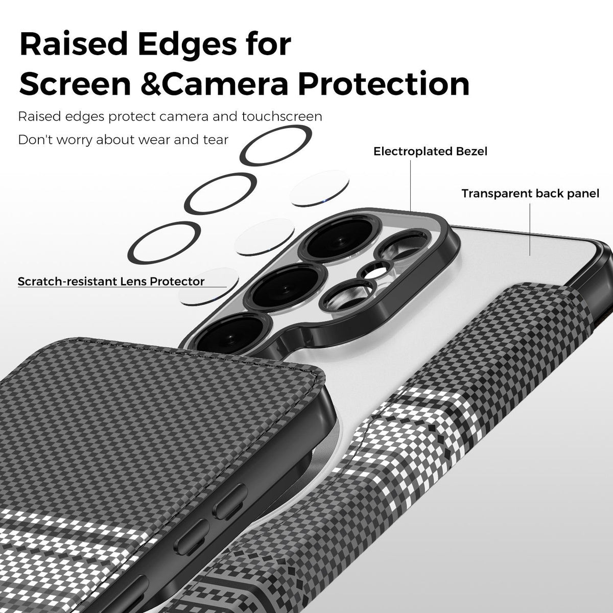 For Galaxy S26 Ultra 5G Color-plaid Shield Magnetic RFID Vegan Leather Phone Case - Black - EDA009874703C