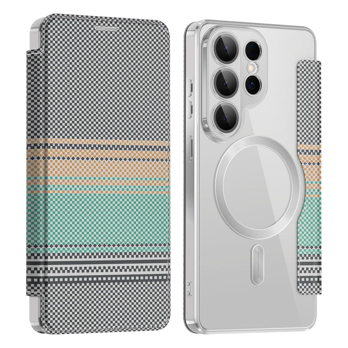For Galaxy S26 Ultra 5G Color-plaid Shield Magnetic RFID Vegan Leather Phone Case - Grey - EDA009874703D