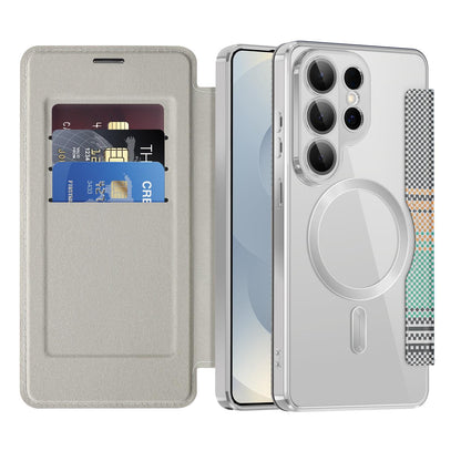 For Galaxy S26 Ultra 5G Color-plaid Shield Magnetic RFID Vegan Leather Phone Case - Grey - EDA009874703D