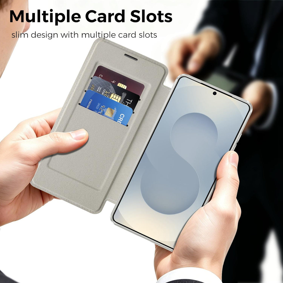 For Galaxy S26 Ultra 5G Color-plaid Shield Magnetic RFID Vegan Leather Phone Case - Grey - EDA009874703D