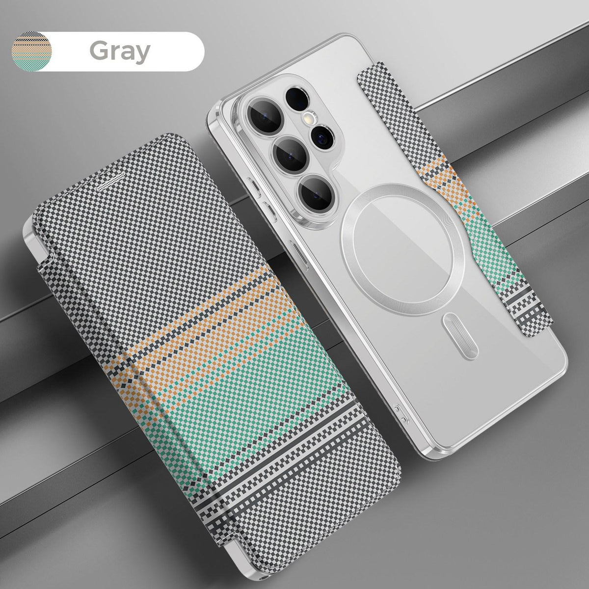 For Galaxy S26 Ultra 5G Color-plaid Shield Magnetic RFID Vegan Leather Phone Case - Grey - EDA009874703D