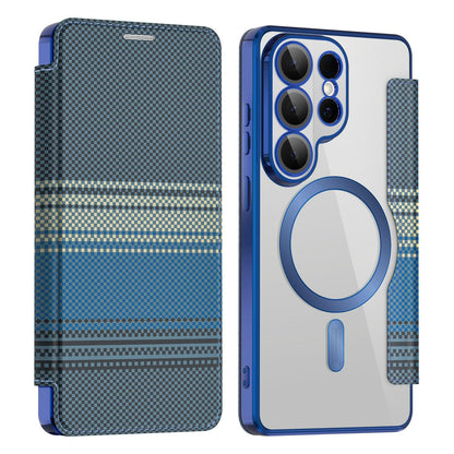 For Galaxy S26 Ultra 5G Color-plaid Shield Magnetic RFID Vegan Leather Phone Case - Blue - EDA009874703E