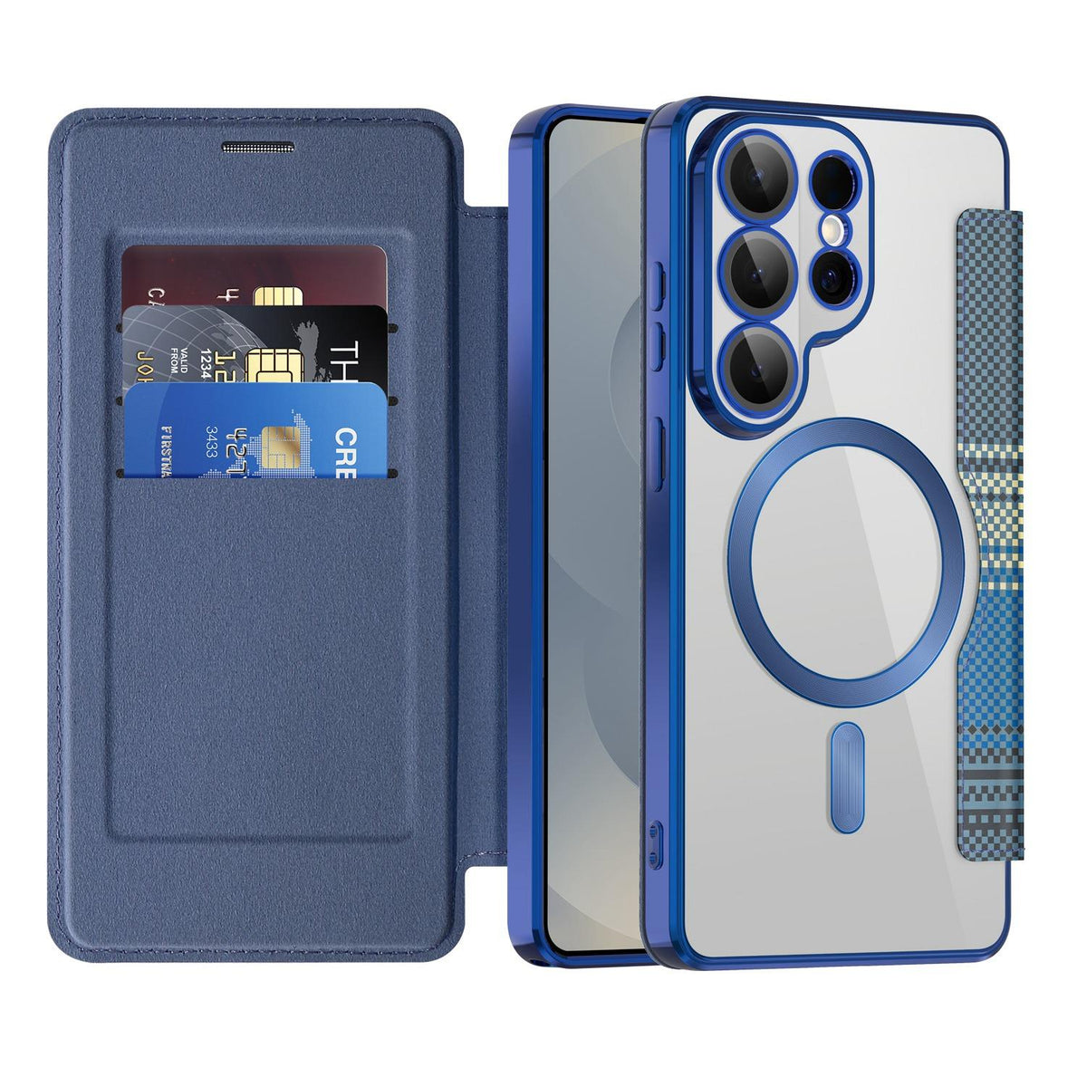 For Galaxy S26 Ultra 5G Color-plaid Shield Magnetic RFID Vegan Leather Phone Case - Blue - EDA009874703E
