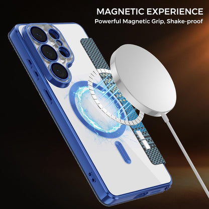For Galaxy S26 Ultra 5G Color-plaid Shield Magnetic RFID Vegan Leather Phone Case - Blue - EDA009874703E
