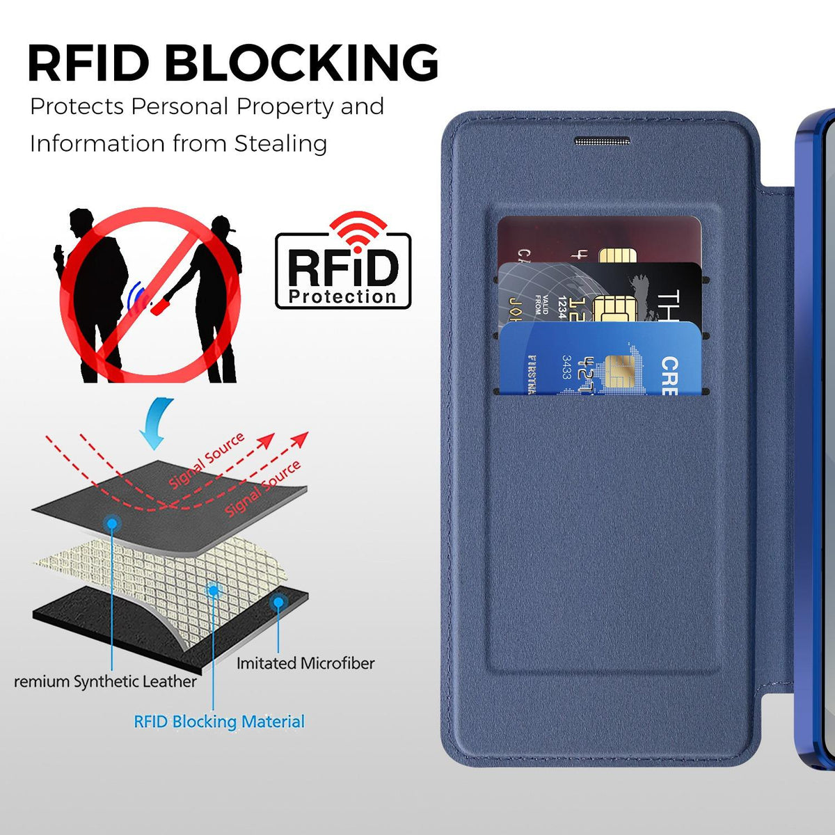 For Galaxy S26 Ultra 5G Color-plaid Shield Magnetic RFID Vegan Leather Phone Case - Blue - EDA009874703E